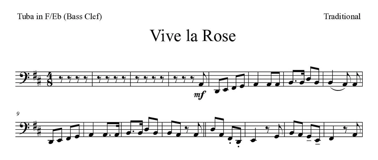‘Vive la Rose’ Tuba in F/Eb (Bass Clef) 악보의 첫 몇 줄