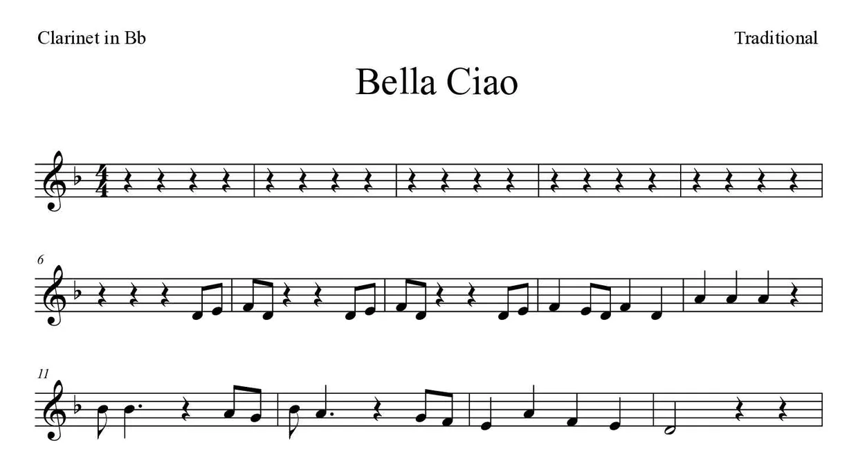 Bladmuziek van Bella Ciao voor clarinet, eerste regels