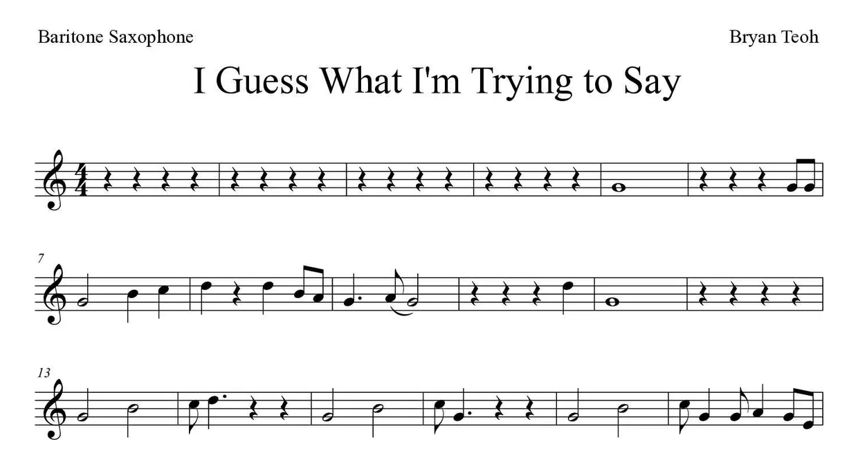 Partitura de I Guess What I'm Trying to Say para saxofón barítono, primeras líneas