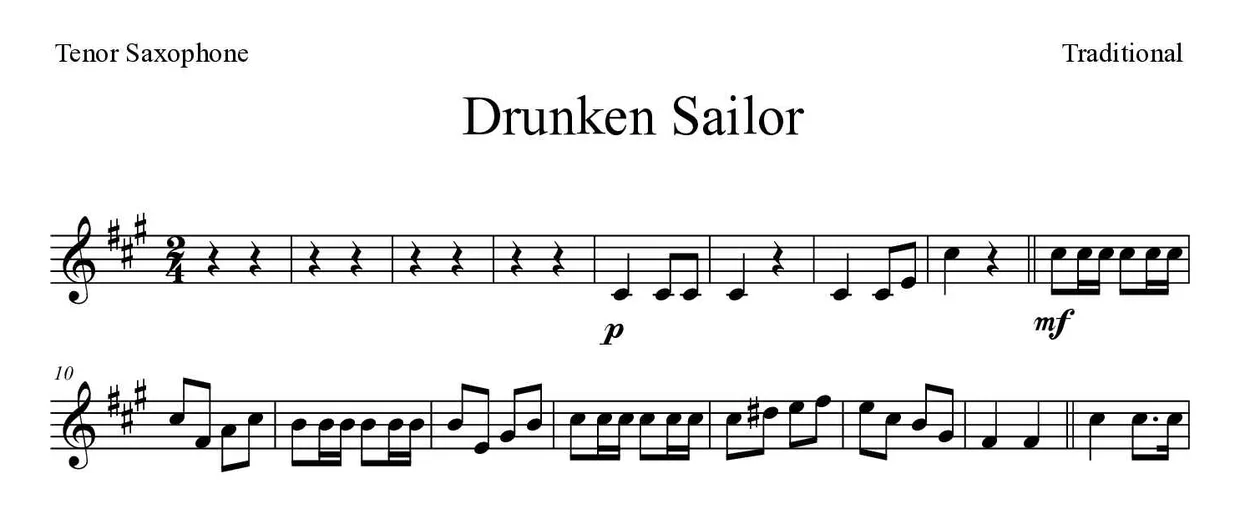 「Drunken Sailor」Tenor Saxophone用楽譜の最初の数段