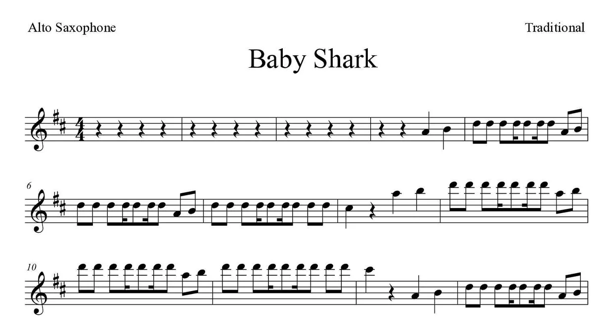 Partition de Baby Shark pour saxophone alto, premières lignes