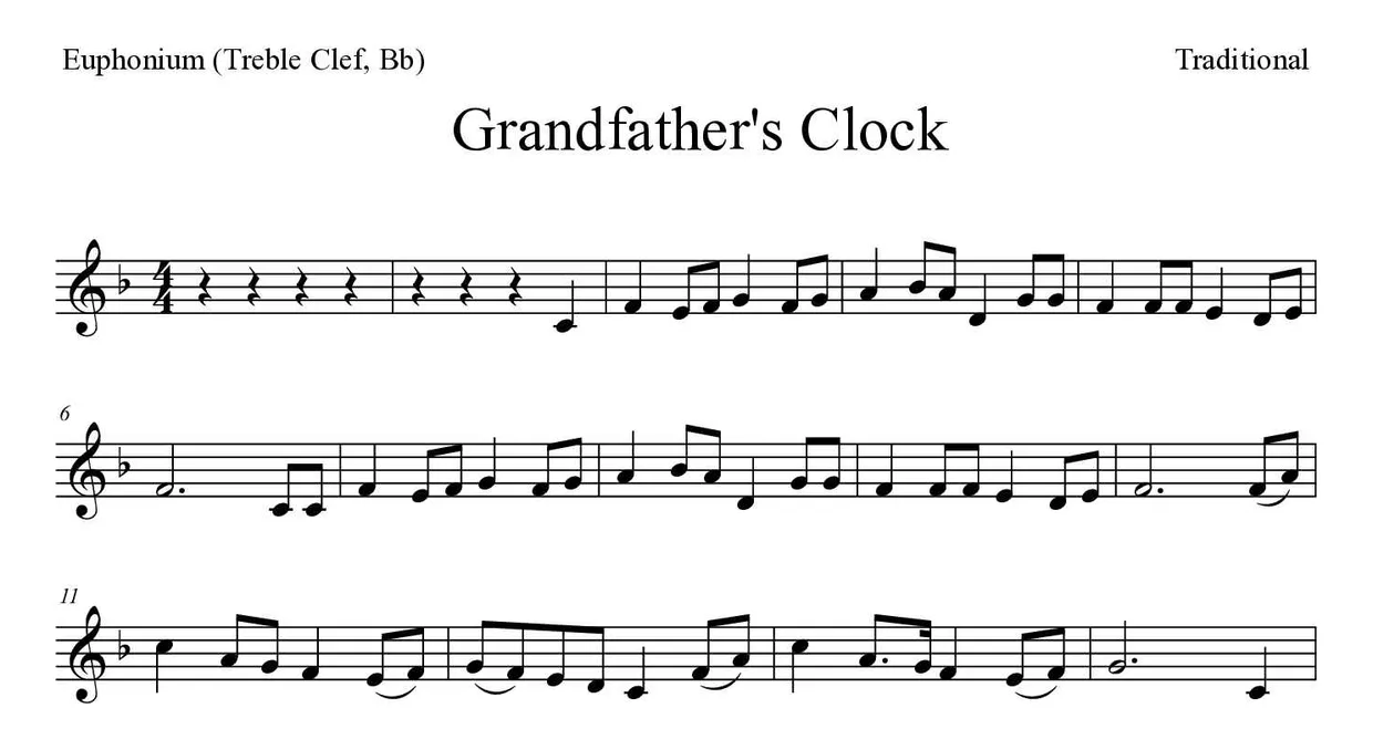 Partition de Grandfather's Clock pour euphonium (clé de sol, si bémol), premières lignes