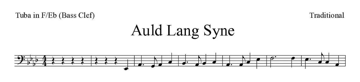 《Auld Lang Syne》F/Eb大号(低音谱号)乐谱前几行