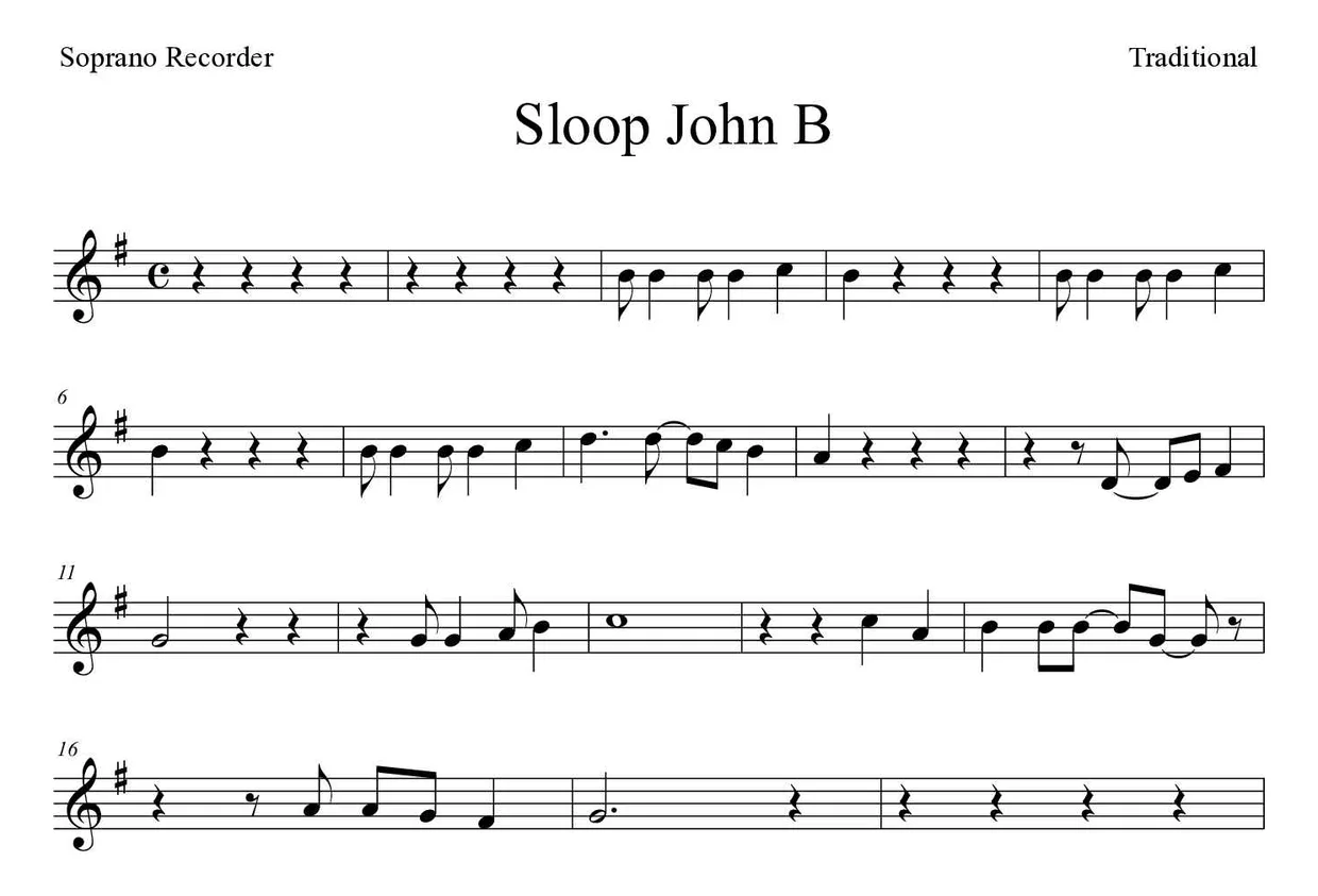 Noten von Sloop John B für Blockflöte (Mittel), erste Zeilen