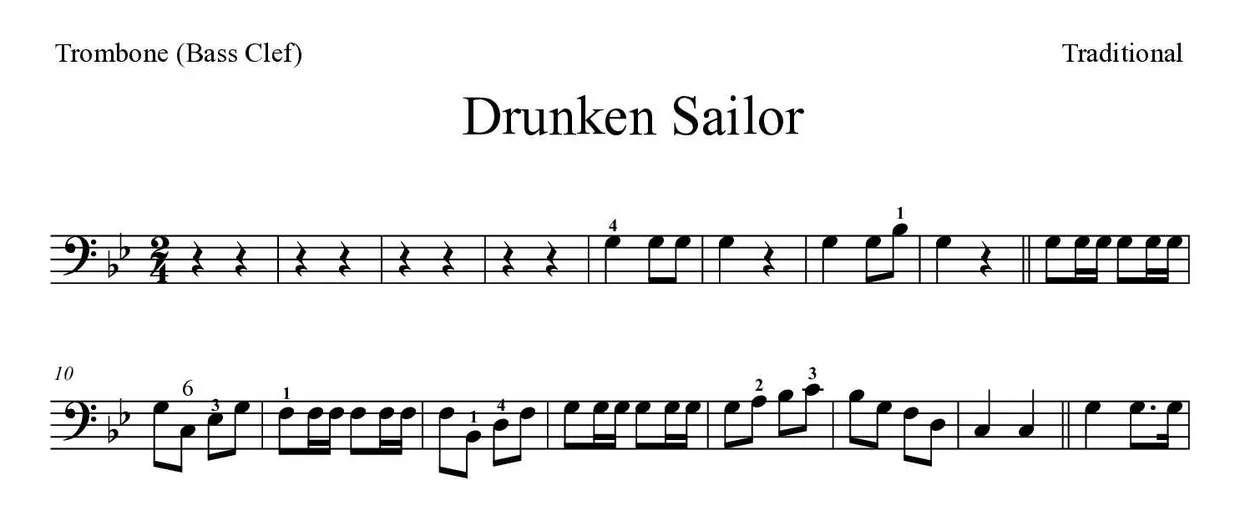 Partitura de Drunken Sailor para trombone, primeiras linhas