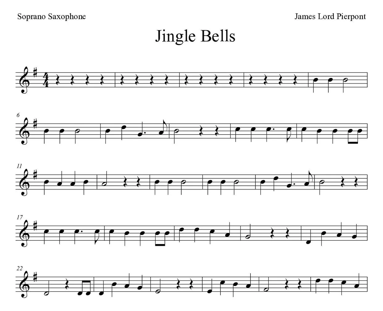 Bladmuziek van Jingle Bells voor soprano saxophone, eerste regels