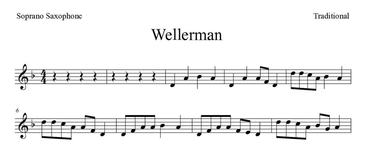 Partitura de Wellerman para saxofón soprano, primeras líneas
