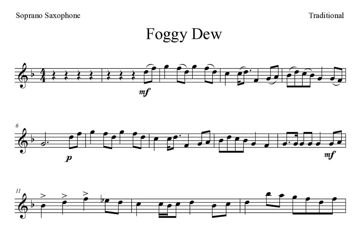 Partition de Foggy Dew pour saxophone soprano, premières lignes