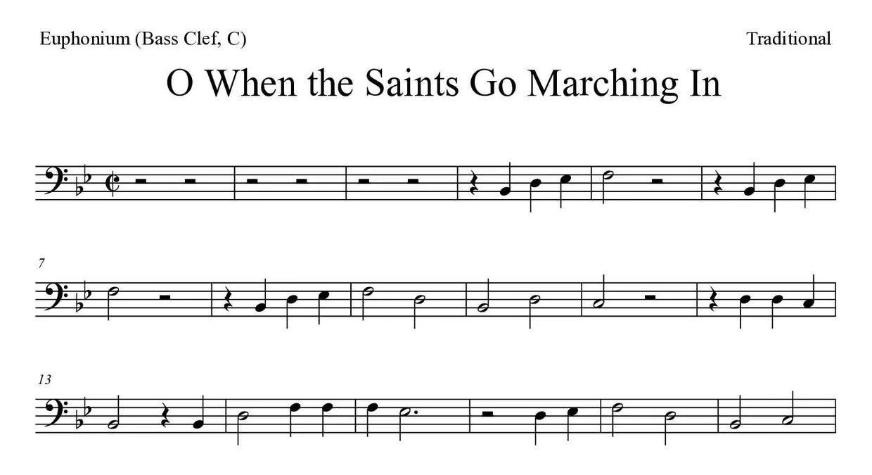 Partitura de O When the Saints Go Marching In para eufónio (clave de Fa, C), primeiras linhas