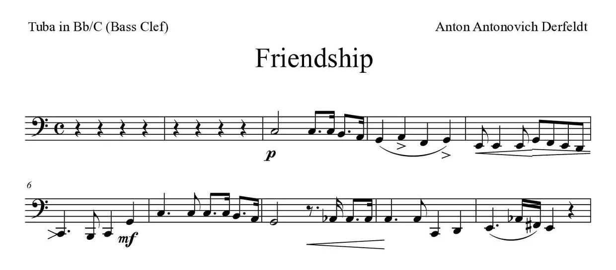 Partitura de Friendship para tuba en Sib/Do (clave de Fa), primeras líneas