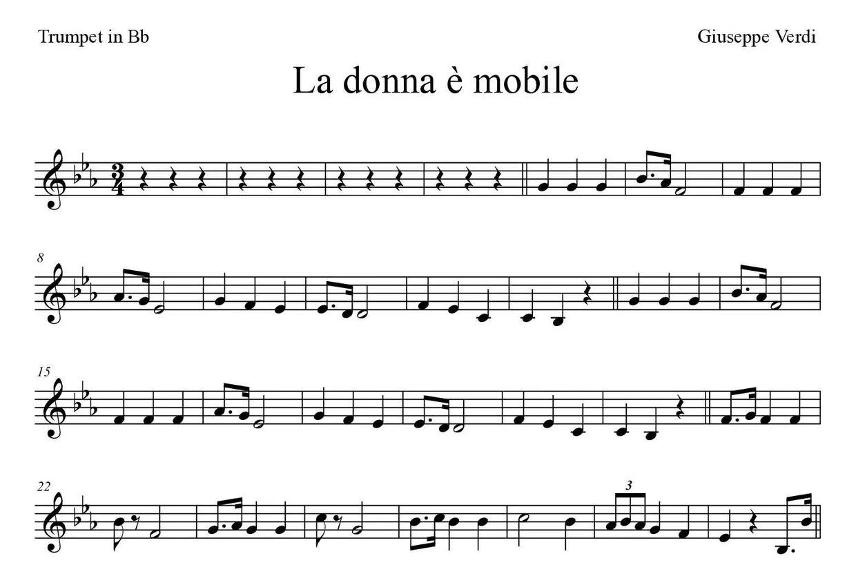 「La donna è mobile」Trumpet in Bb用楽譜の最初の数段