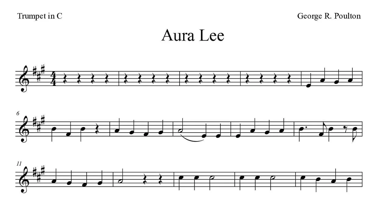 Partitura de Aura Lee para trompeta en Do, primeras líneas