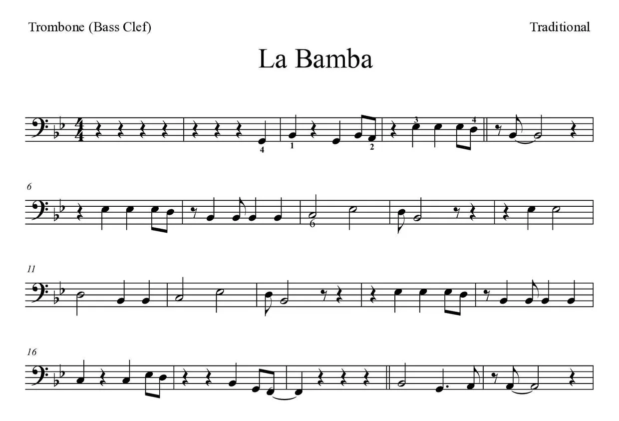 Partitura de La Bamba para trombón, primeras líneas