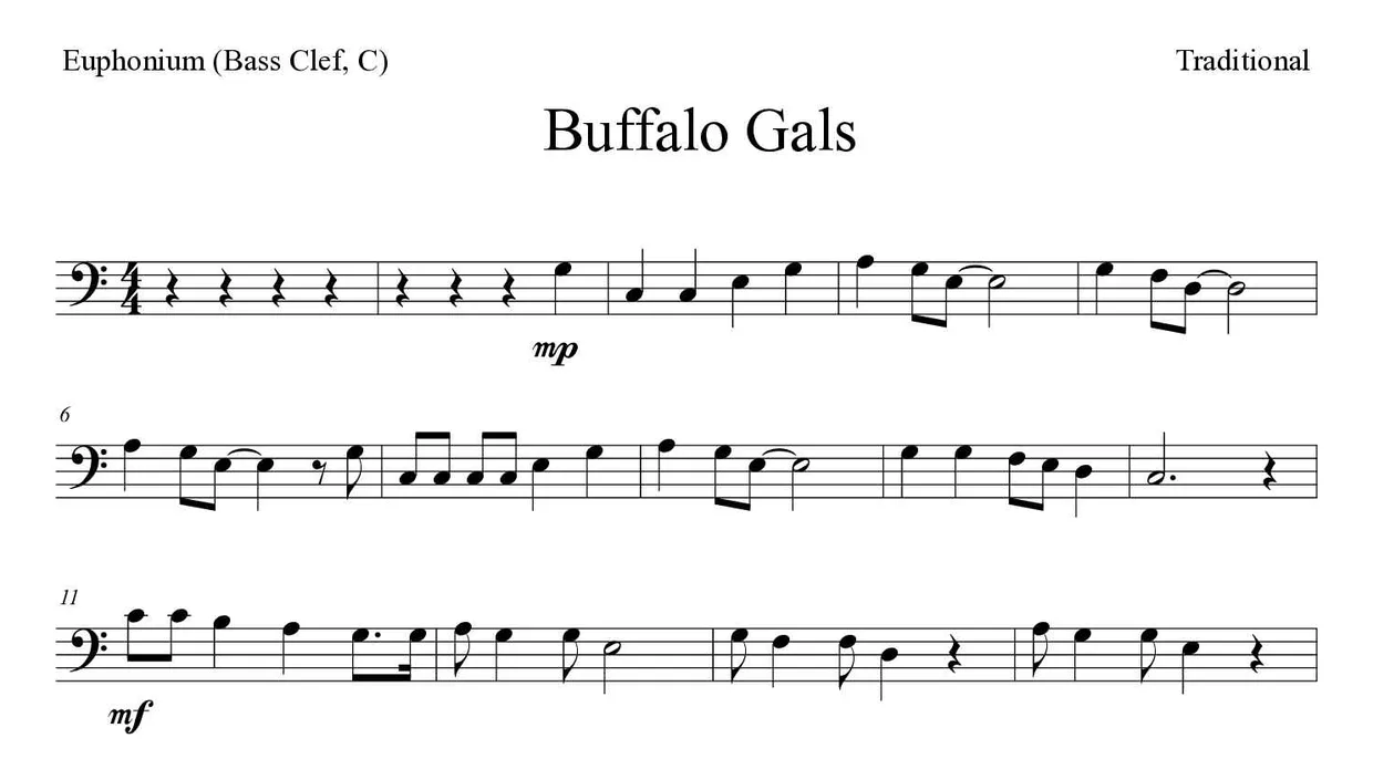 《Buffalo Gals》上低音号（低音谱号，C）乐谱前几行
