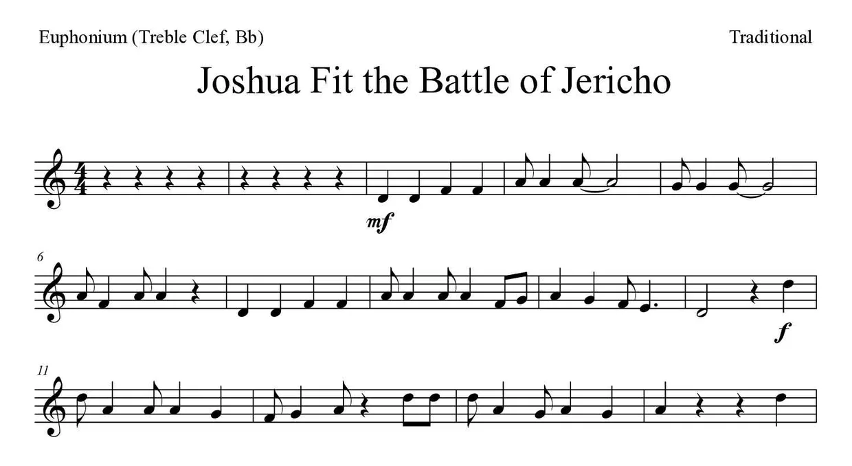 ‘Joshua Fit the Battle of Jericho’ Euphonium (Treble Clef, Bb) 악보의 첫 몇 줄