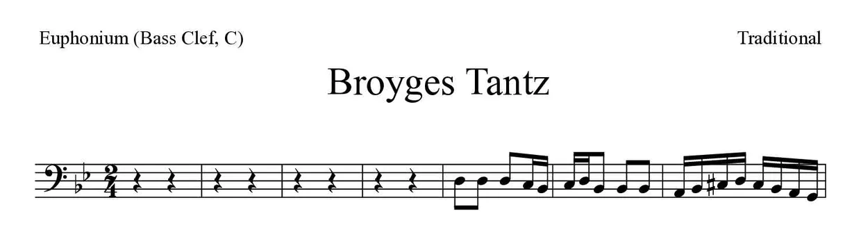 Partition de Broyges Tantz pour euphonium (clé de fa, do), premières lignes