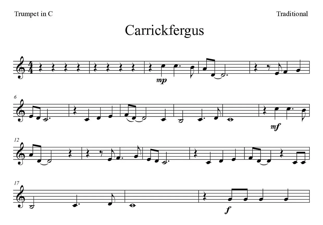 Sheet music of Carrickfergus for trumpet in C (Hard), first lines