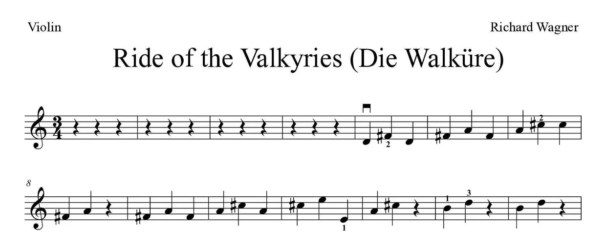 Sheet music of Ride of the Valkyries (Die Walküre) for violin (Medium), first lines