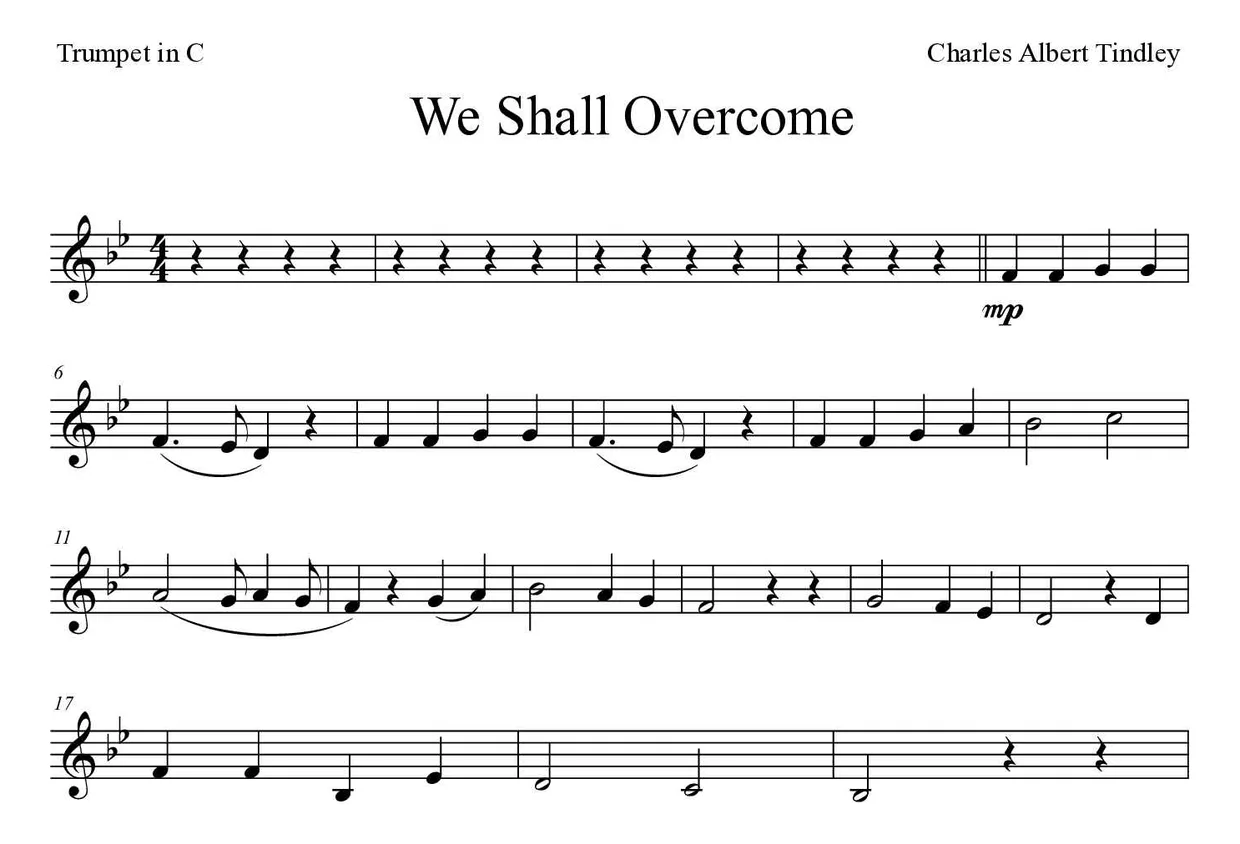 Noten von We Shall Overcome für Trompete in C (Mittel), erste Zeilen