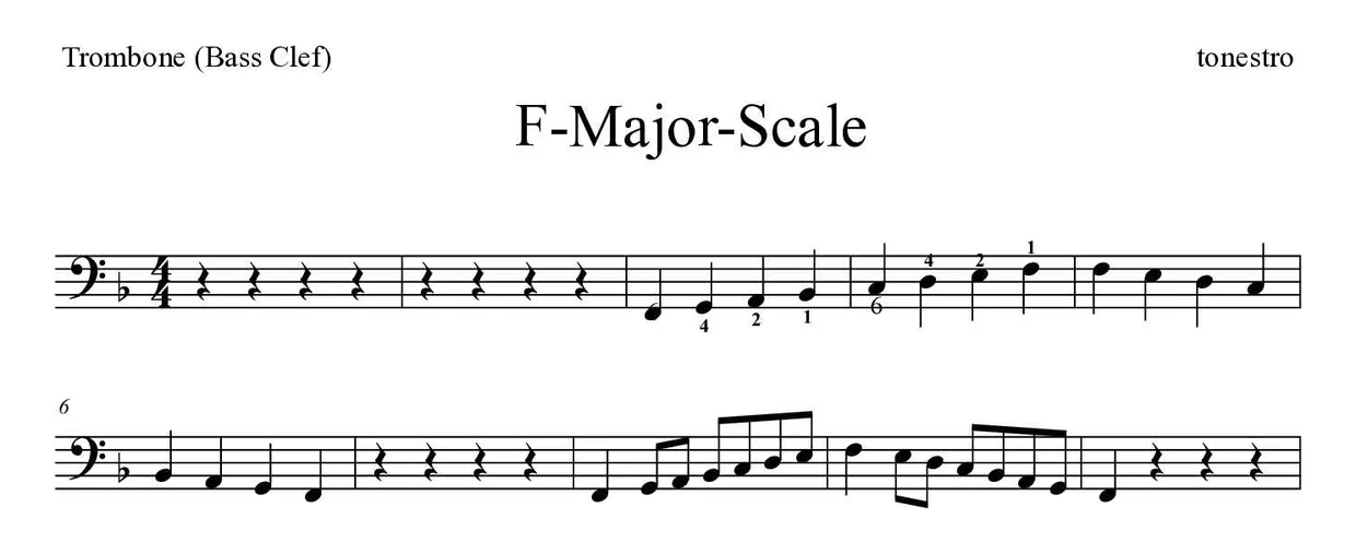 Sheet music of F-Major-Scale for trombone (Hard), first lines