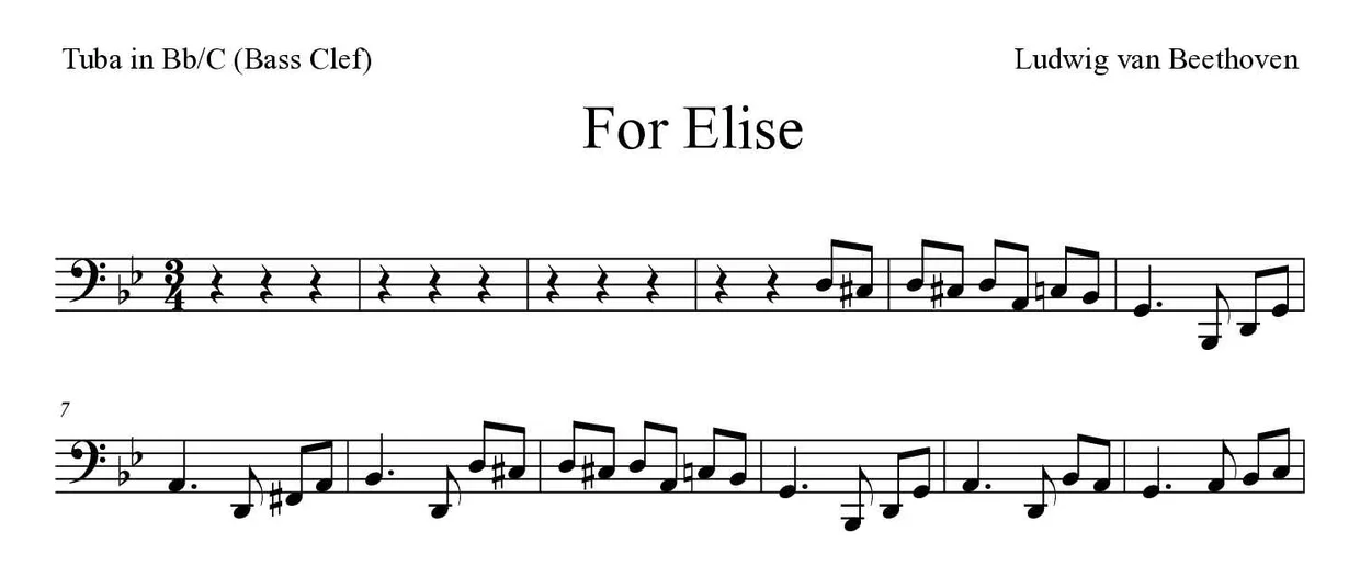 Sheet music of For Elise for tuba in Bb/C (bass clef) (Expert), first lines
