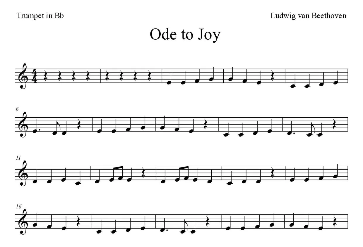 Partition de Ode to Joy pour trompette en si bémol, premières lignes