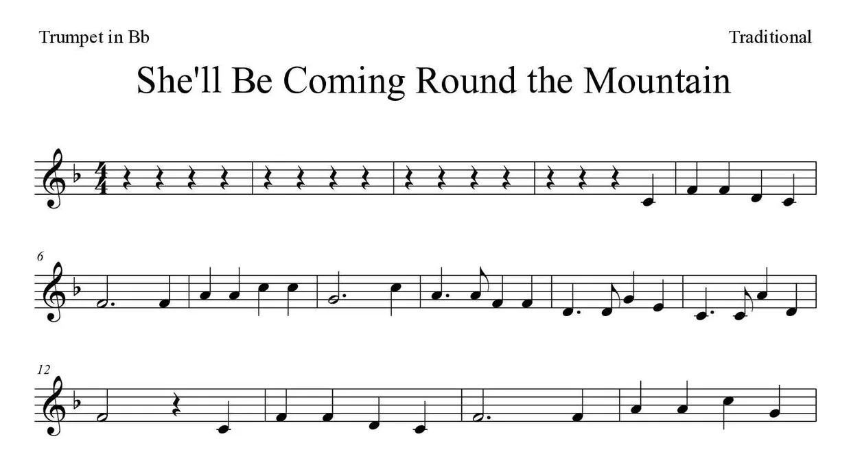 Sheet music of She'll Be Coming Round the Mountain for trumpet in Bb (Easy), first lines