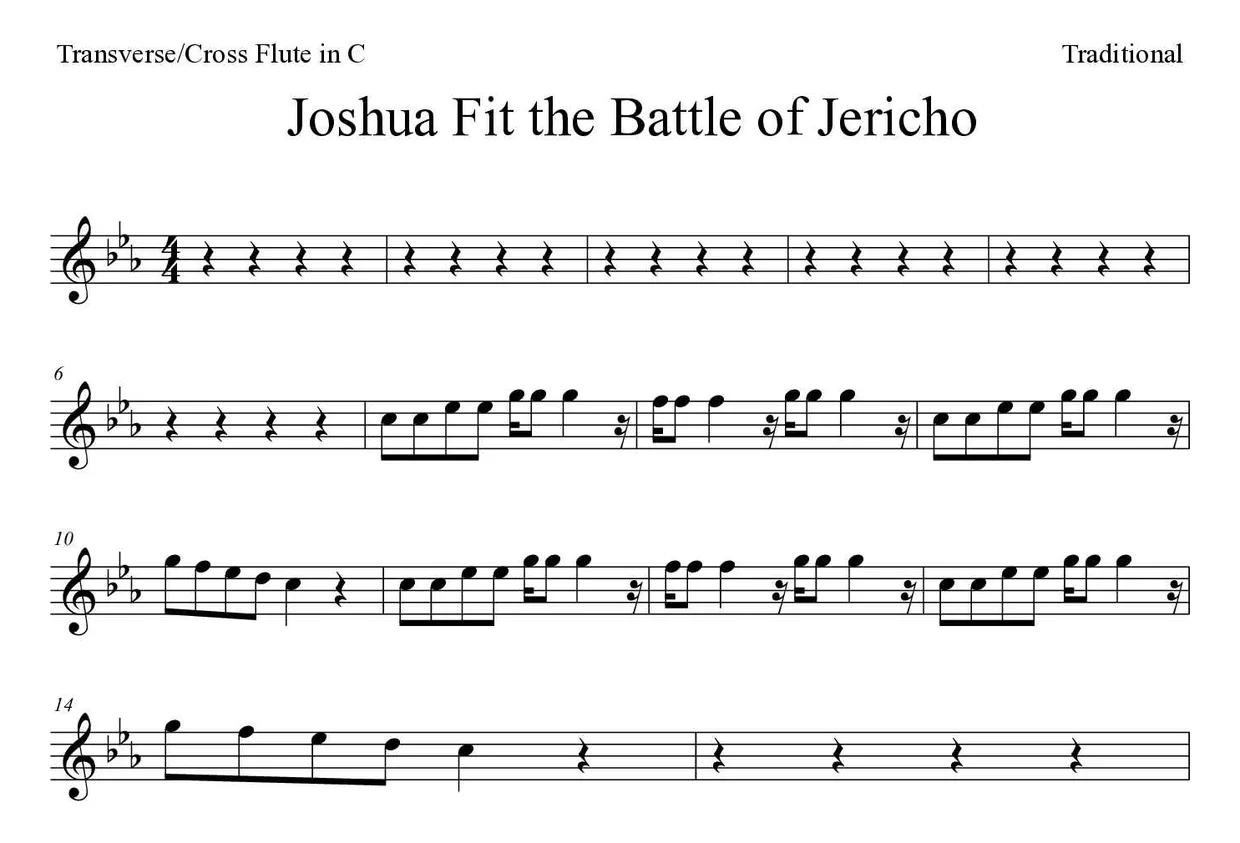 Bladmuziek van Joshua Fit the Battle of Jericho voor flute, eerste regels