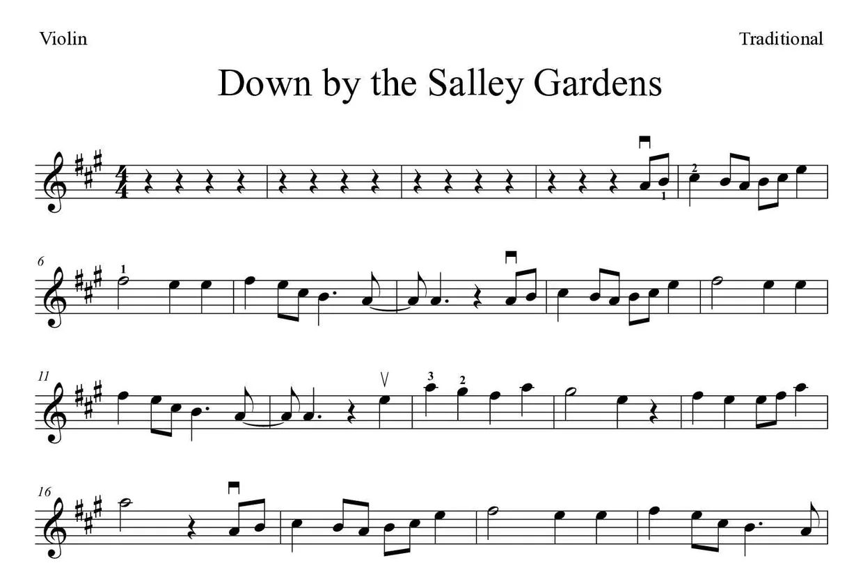 Partition de Down by the Salley Gardens pour violon, premières lignes