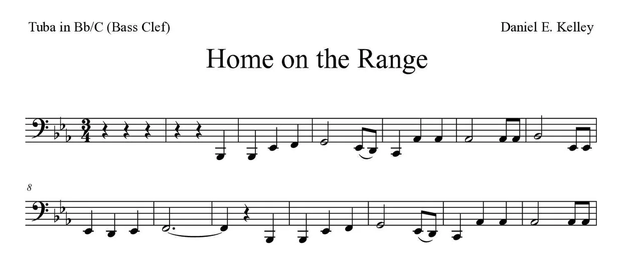 Noten von Home on the Range für Tuba in B/C (Bassschlüssel) (Einfach), erste Zeilen