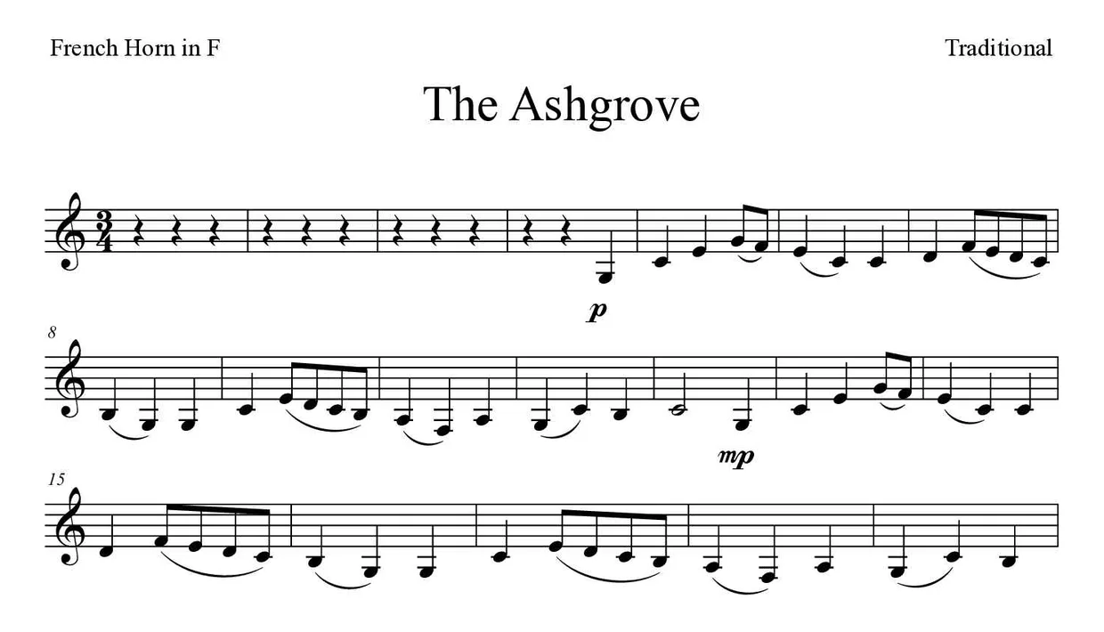 Sheet music of The Ashgrove for French horn (Medium), first lines