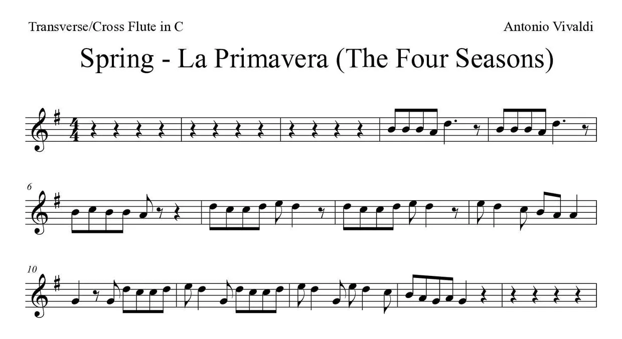 「Spring - La Primavera (The Four Seasons)」Flute用楽譜の最初の数段