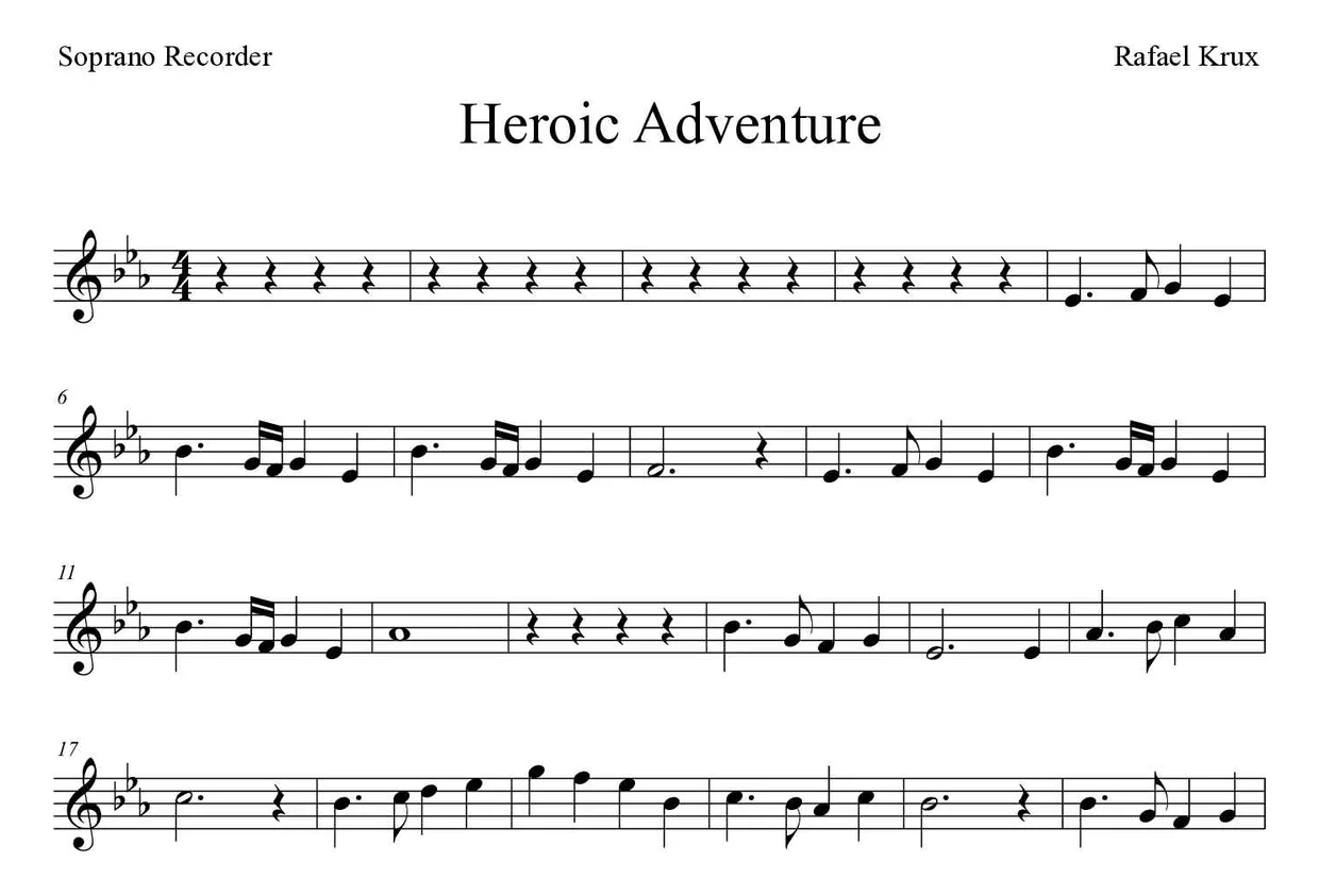 Partitura de Heroic Adventure para flauta de bisel, primeiras linhas