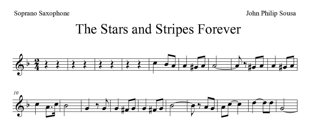 Sheet music of The Stars and Stripes Forever for soprano saxophone (Medium), first lines