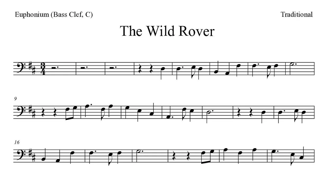 Noten von The Wild Rover für Euphonium (Bassschlüssel, C) (Experte), erste Zeilen