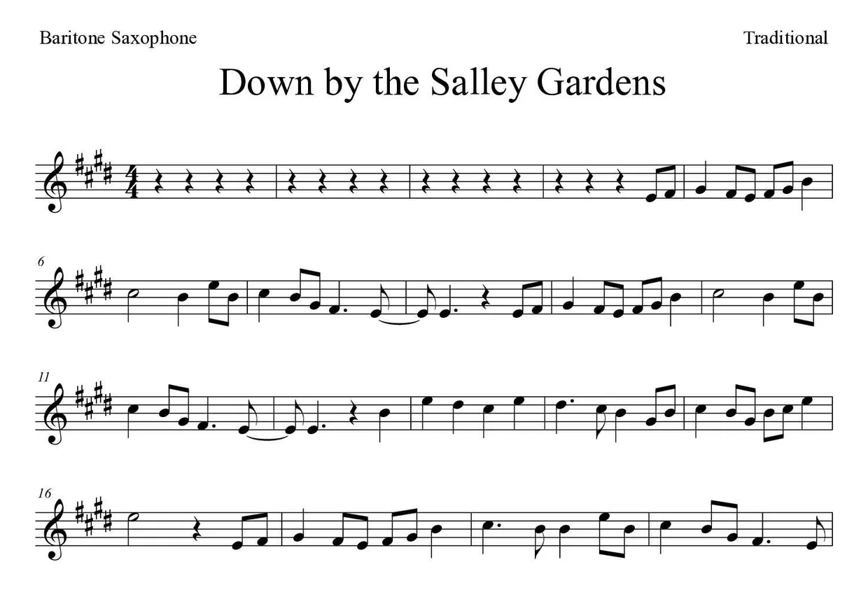 Partitura de Down by the Salley Gardens para saxofone barítono, primeiras linhas