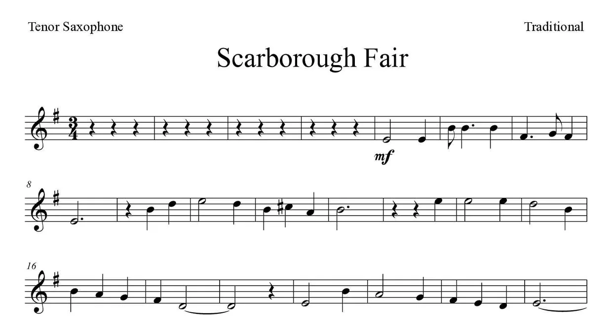 ‘Scarborough Fair’ Tenor Saxophone 악보의 첫 몇 줄