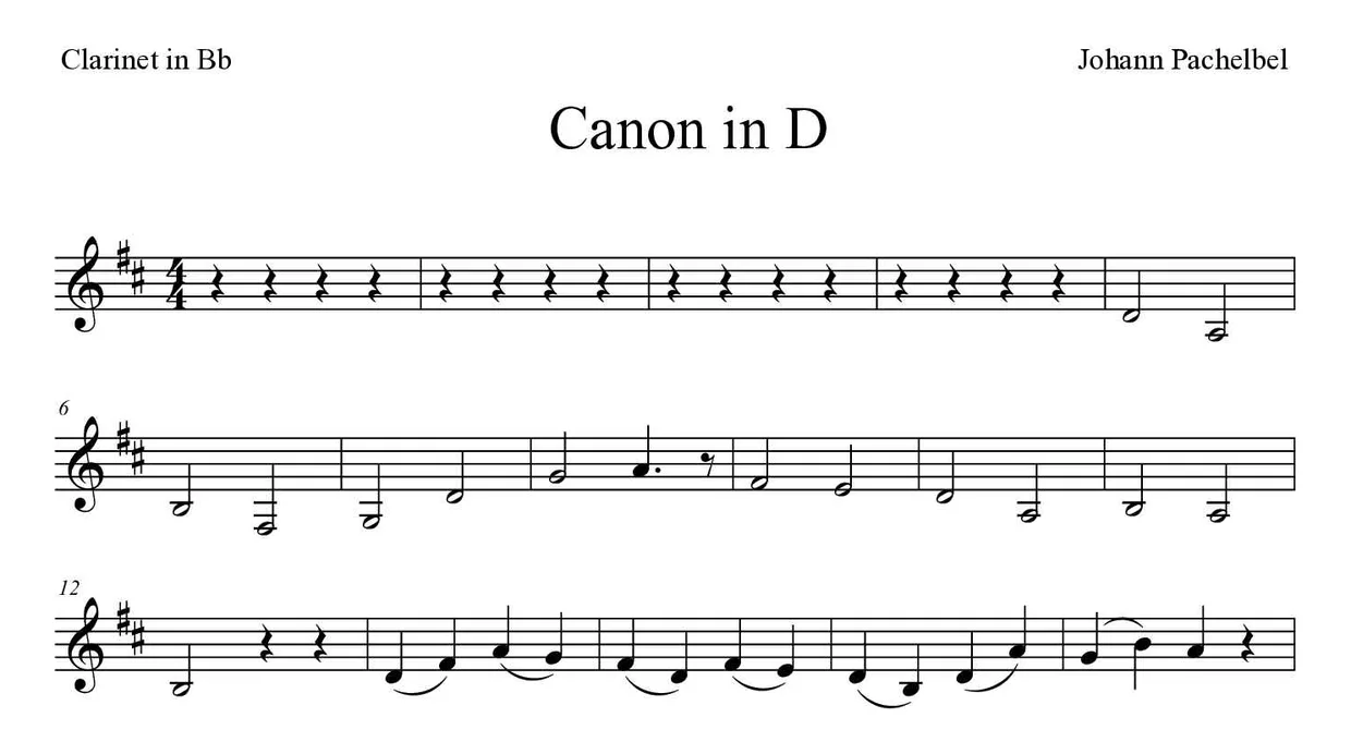 Partitura de Canon in D para clarinete, primeras líneas