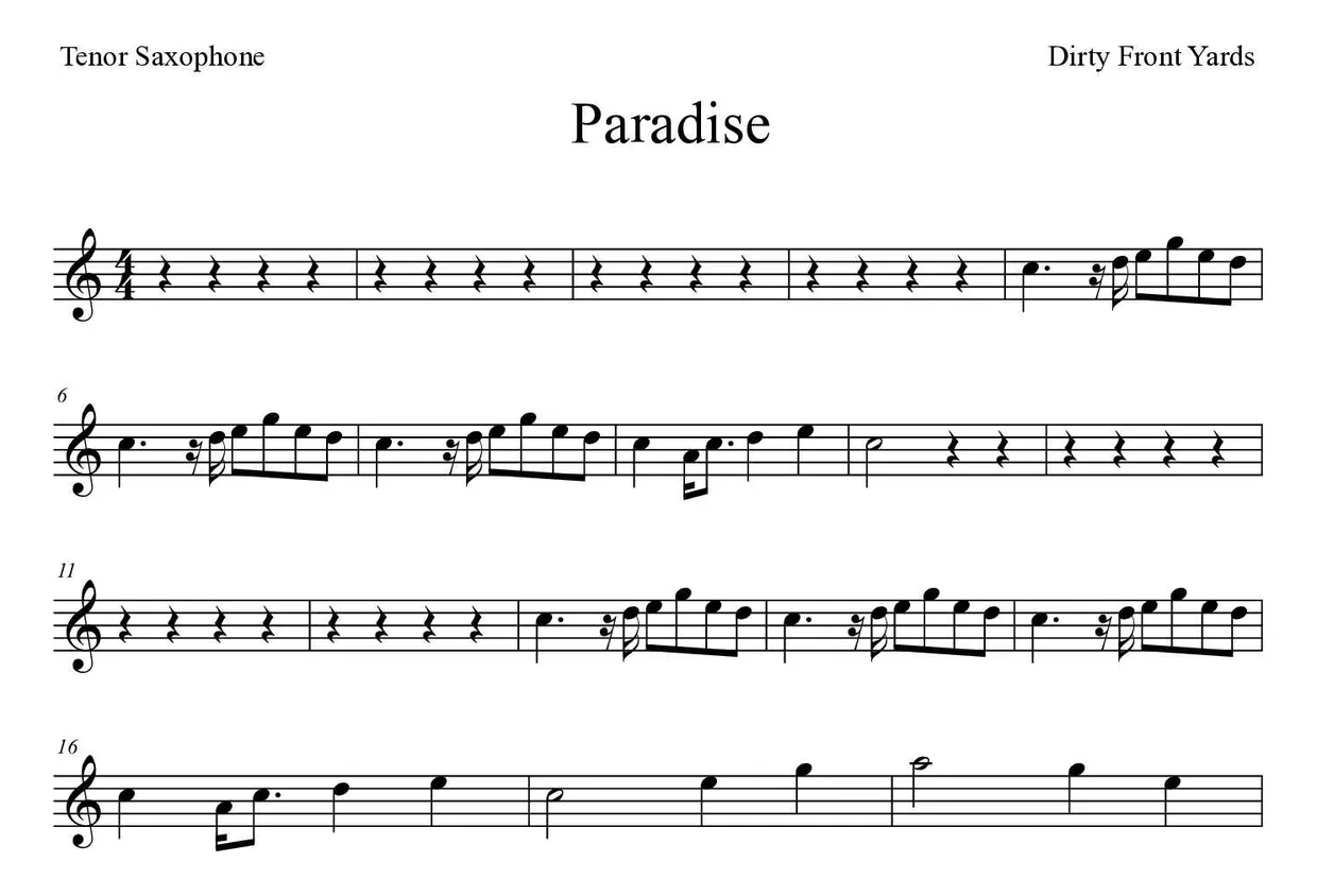 Partitura de Paradise para saxofone tenor, primeiras linhas