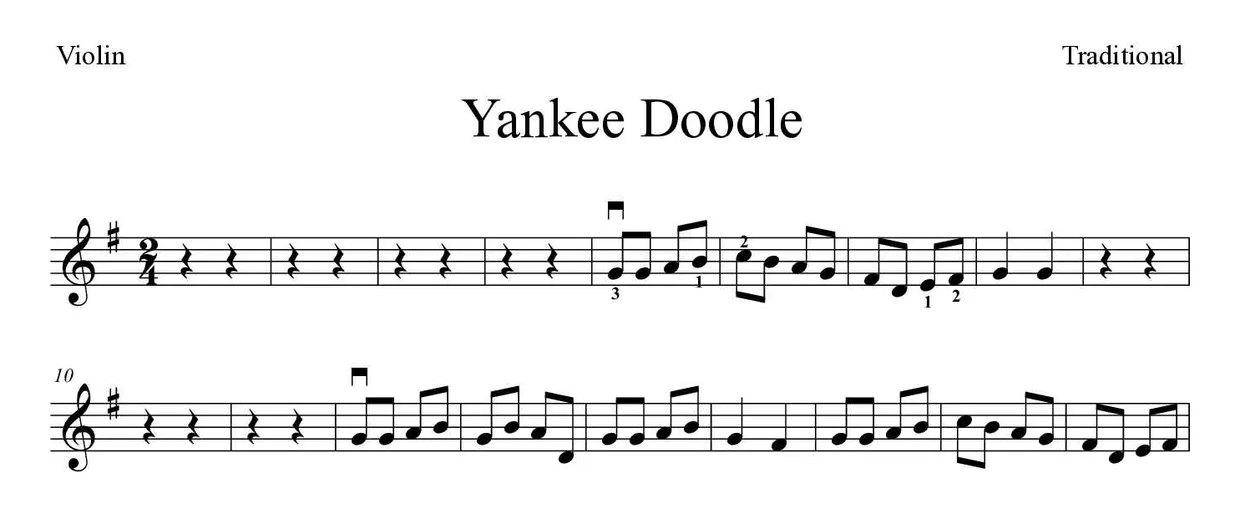 Partition de Yankee Doodle pour violon, premières lignes