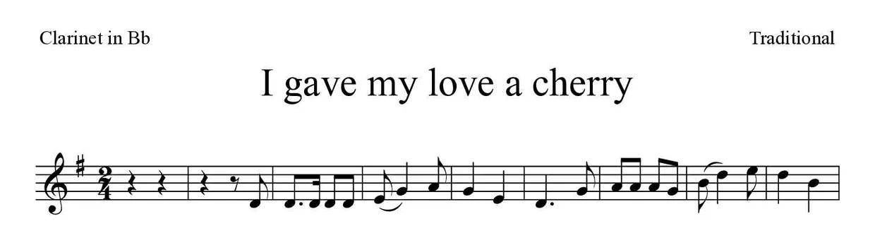 ‘I gave my love a cherry’ Clarinet 악보의 첫 몇 줄