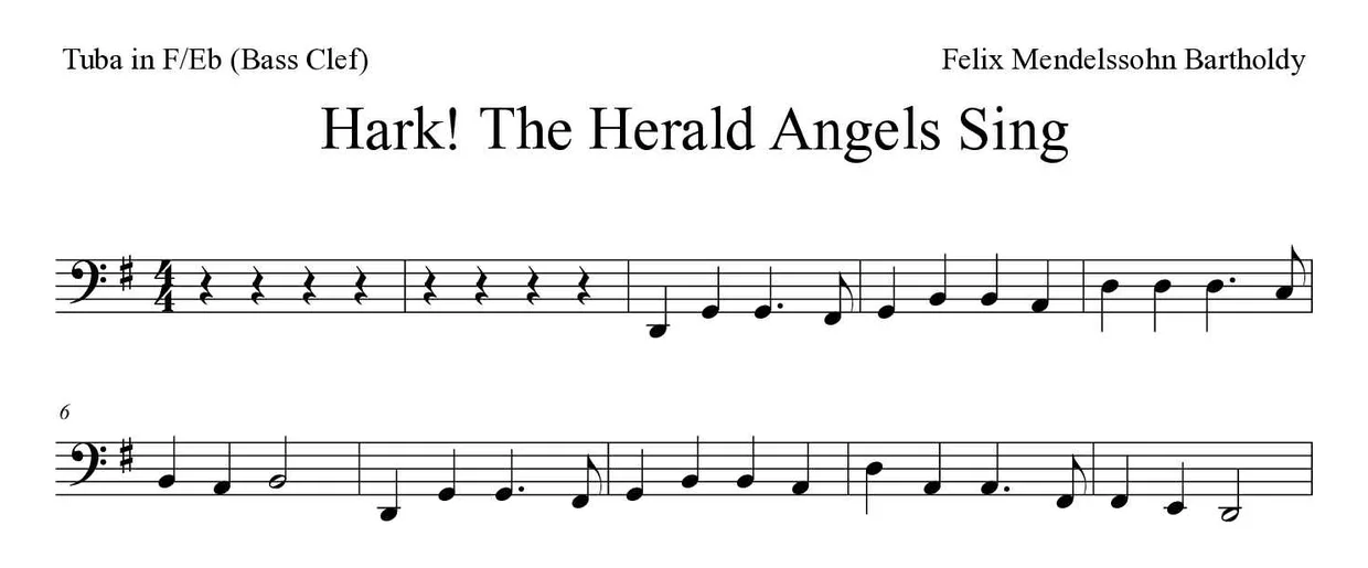 「Hark! The Herald Angels Sing」Tuba in F/Eb (Bass Clef)用楽譜の最初の数段