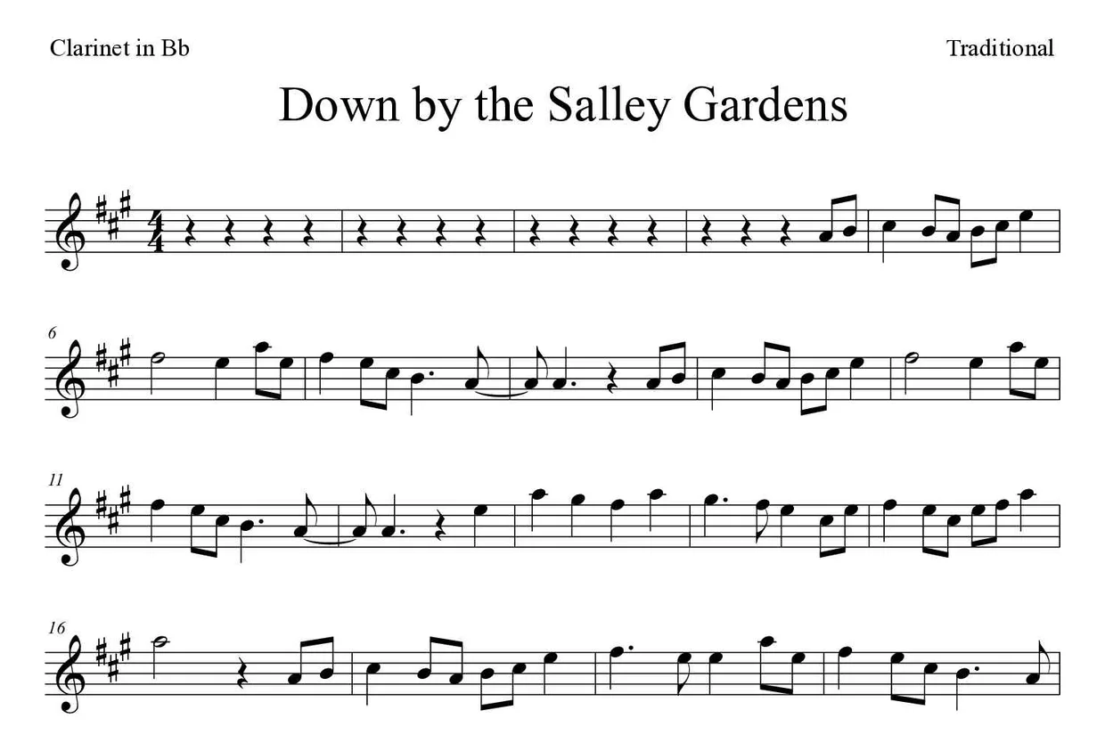 ‘Down by the Salley Gardens’ Clarinet 악보의 첫 몇 줄
