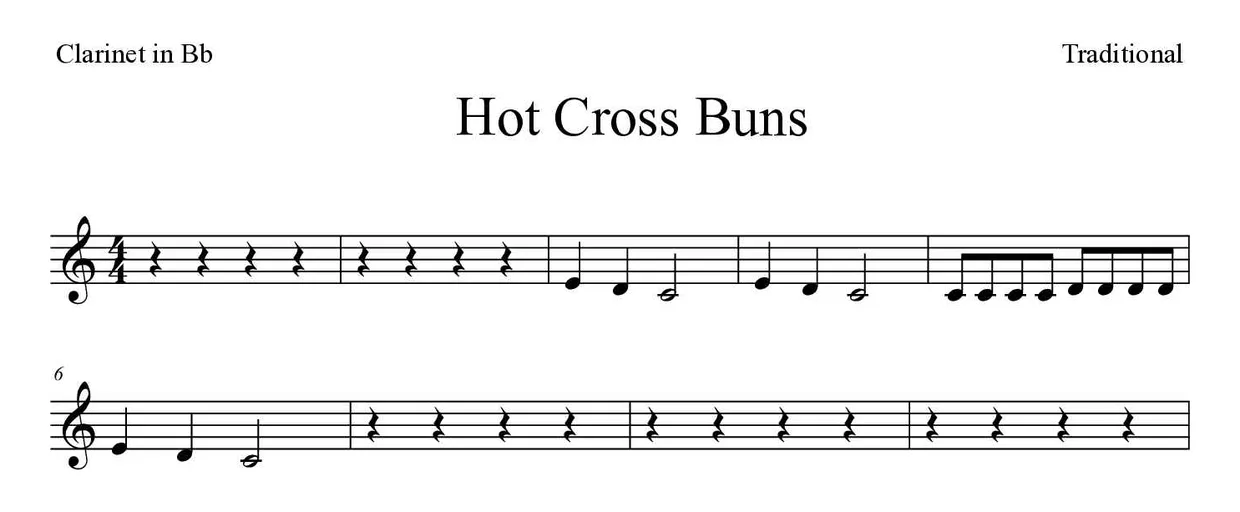 Noten von Hot Cross Buns für Klarinette (Einfach), erste Zeilen