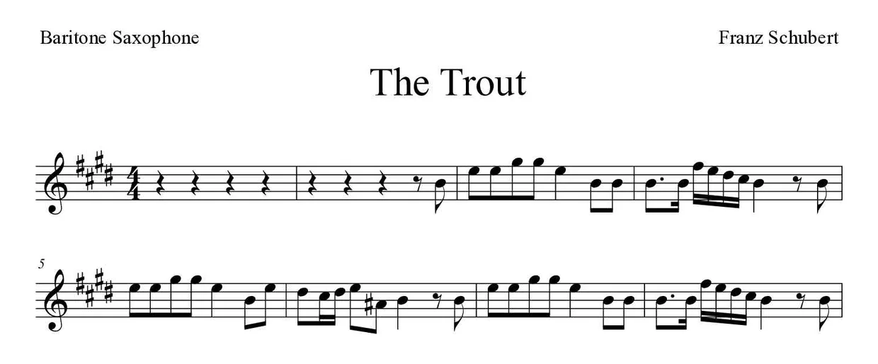 「The Trout」Baritone Saxophone用楽譜の最初の数段
