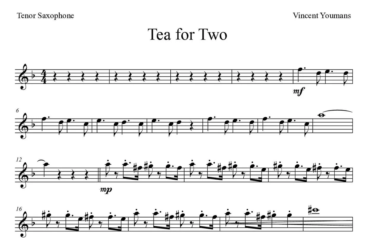Spartito di Tea for Two per tenor saxophone, prime righe