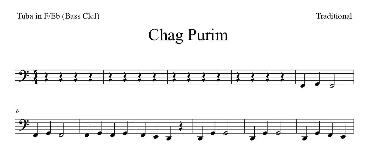 Spartito di Chag Purim per tuba in F/Eb (bass clef), prime righe