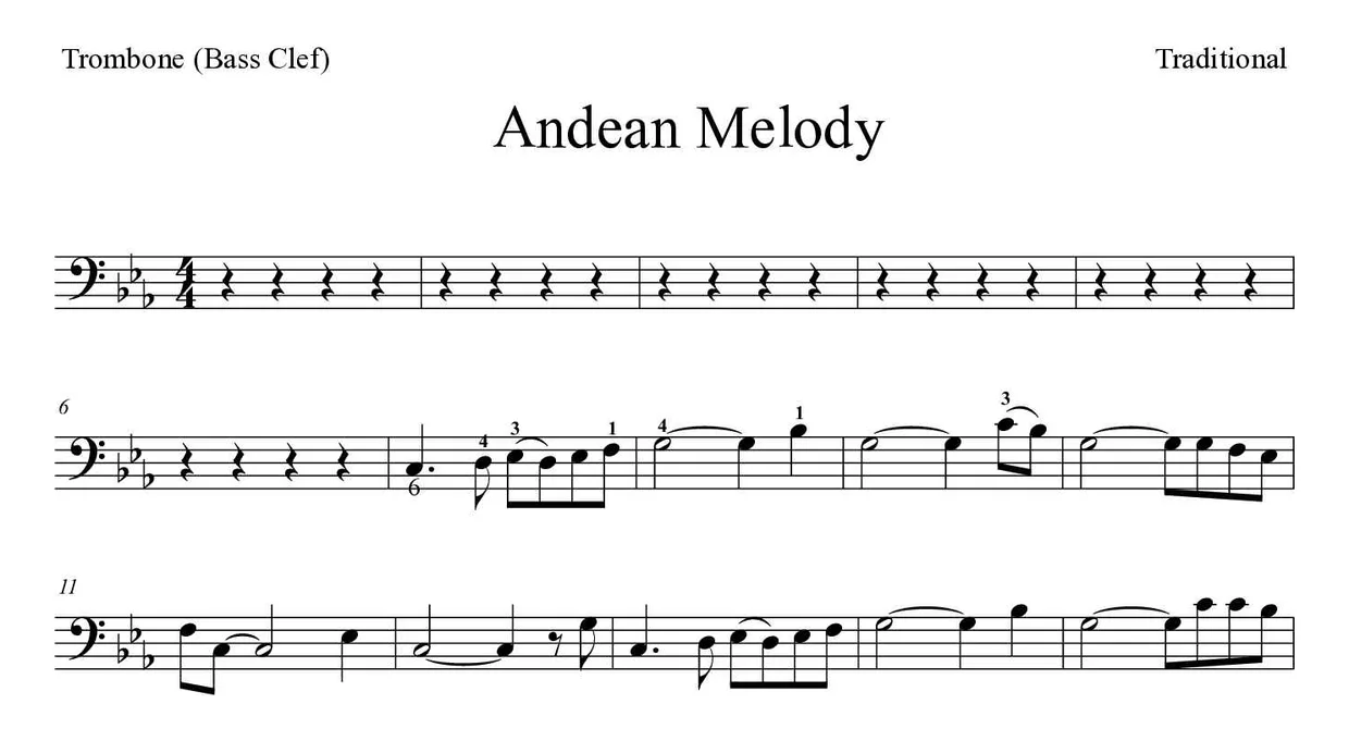 Partitura de Andean Melody para trombón, primeras líneas