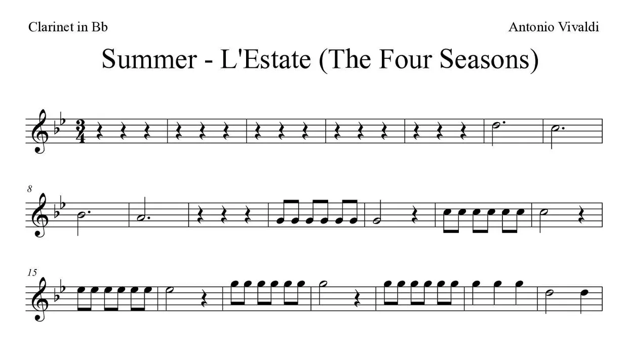 Partitura de Summer - L'Estate (The Four Seasons) para clarinete, primeiras linhas