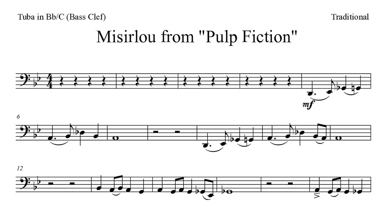 Sheet music of Misirlou from "Pulp Fiction" for tuba in Bb/C (bass clef) (Hard), first lines